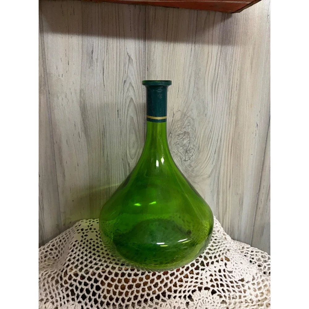 Vintage Green Glass Decanter Bottle Bulbous Vase Mid Century Decor 11.5 Inch
